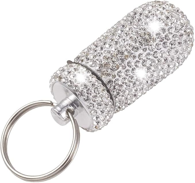 XhuangTech Waterproof Keychain Pill Box Bling Round Medicine Organizer Holder Container Aluminum Portable Mini Bottle Storage Case for Outdoor Travel Camping Purse Pocket (White)