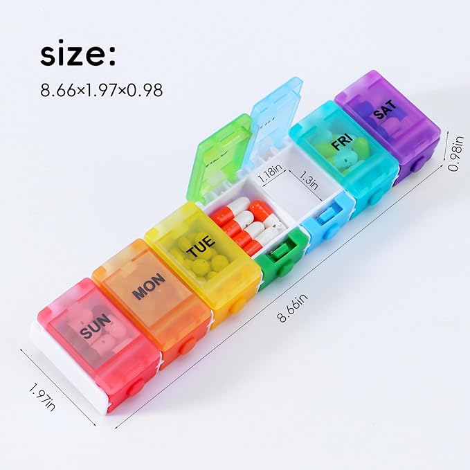 Weekly Pill Organizer, 7 Day Medicine Box with Push Button Design, BPA Free Travel Pill Box Case with Spring Open Design and Large Capacity for Vitamins and Supplements, Rainbow Colors