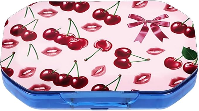 This Portable Pink Cherry Lip Print Pattern 6-Compartment Pillbox Can Be Placed in A Pocket Or Wallet to Store Vitamins, Medicines Fish Oil Health Supplements Other Medications.