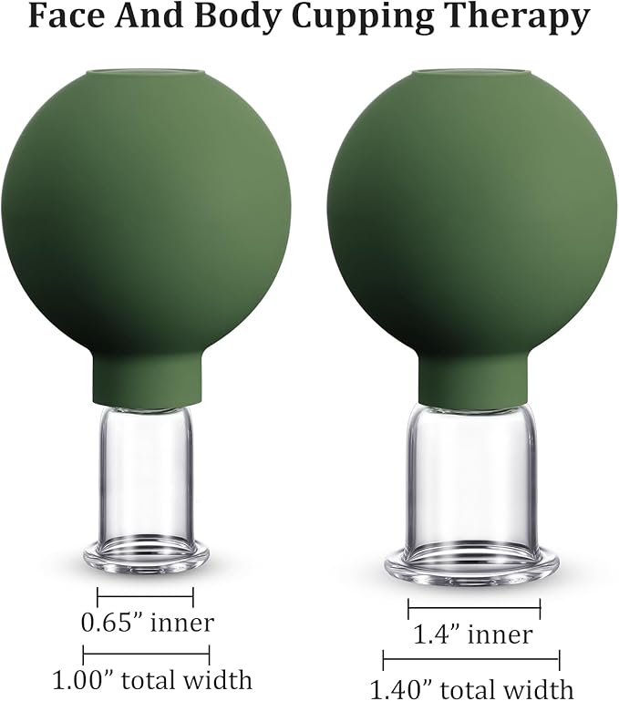 Nuanchu 2 Pieces Glass Cupping Set, Facial Cupping Cups Glass Silicone Cups Vacuum Suction for Face Skin Back Shoulder Muscle(1 Inch and 1.4 Inch Diameter,Army Green)