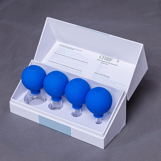 4 Size Facial Cupping Therapy Set Glass, Eye Face Vacuum Massage Anti Cellulite Cup - Silicone Cupping Massage Therapy, for Beauty Body Cup Fascia Massager (Gift Box Packaging-Blue)