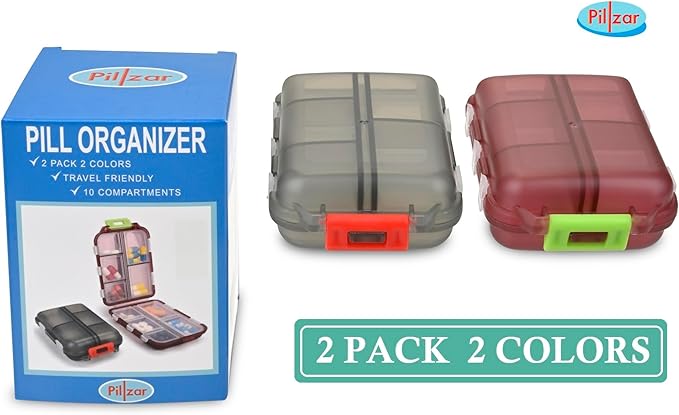 2 Pack Travel Portable Pill Organizer Pocket Size, with 10 Compartments, 10 Sticky Notes, Small Fold Pill Boxes of Two Colors. Perfect for Travel or Home Use.