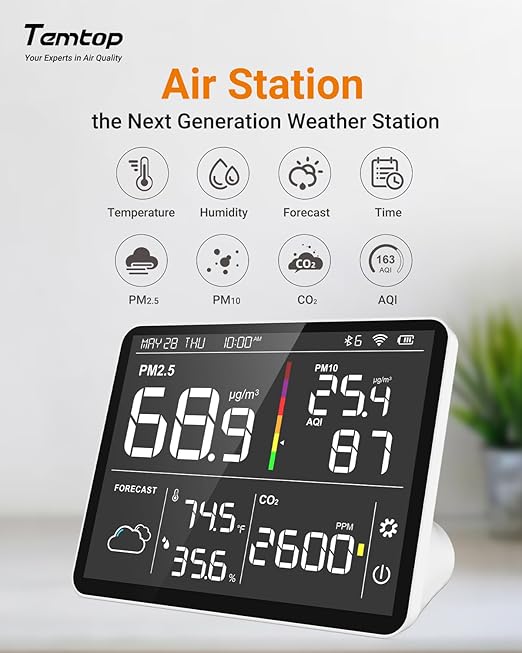 Temtop Air Quality Monitor Indoor PM2.5 CO2 Detector, 8-in-1 Smart Air Quality Weather Station with PM2.5 PM10 CO2 Temperature Humidity Sensor Weather Forecast for Home