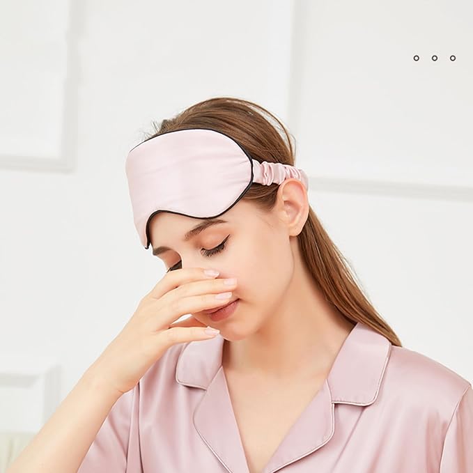 100% Mulberry Silk Sleep Mask for Women/Men Airplane Travel, Pure 22 Momme Silk Eye Mask Blackout for Sleeping, Ajustable, Luxury, Anti Wrinkle, Anti Aging Silk Blindfold, Made in USA (Pink)