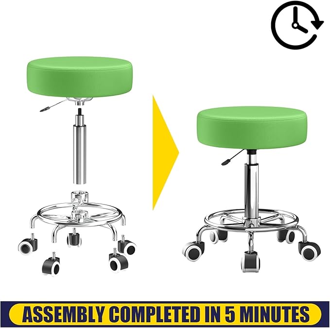 Rolling Stool, Heavy Weight Capacity 250lb, PU Leather Rolling stools, Ultra Soft Padded Seat, Rolling Stools with Wheels and Footrest, 360° Swivel, Spa Drawing Salon Work Office Tattoo Stool (Green)