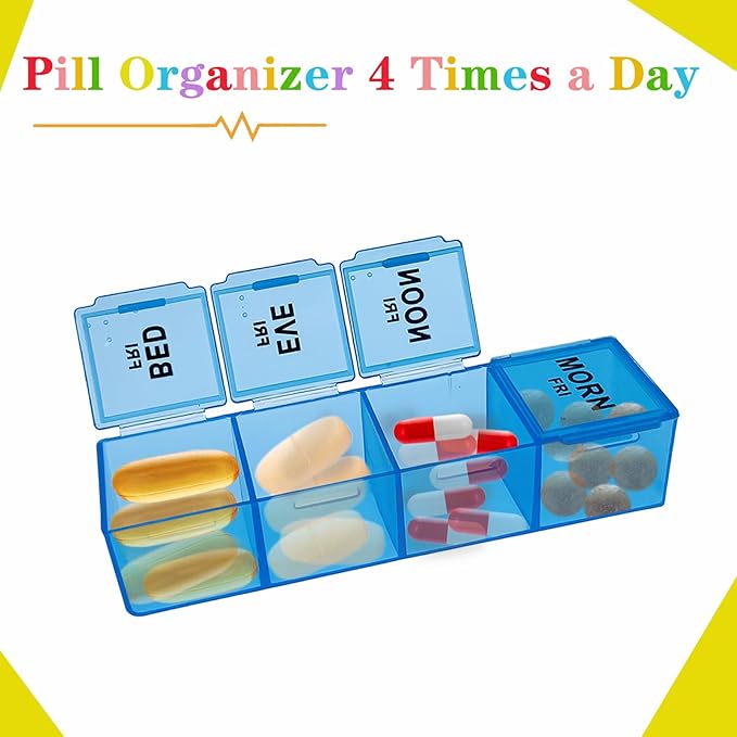 Weekly Pill Organizer 4 Times a Day, Medicine Organizer Box, Travel Daily Pill Box Organizer 7 Day, Pill Case, Pill Container Holder for Hold Vitamins/Fish Oils.