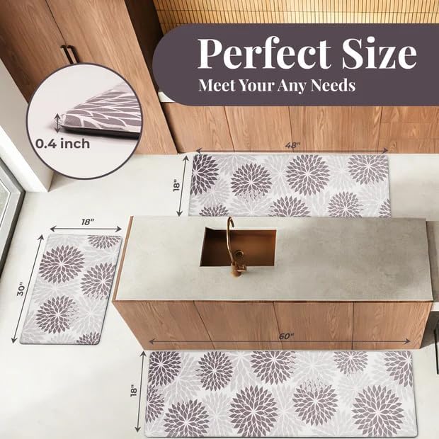 PVC Anti-Fatigue Kitchen Mats Set of 3, Non-Slip Kitchen Rugs, Comfort Standing Runner Rug, Multipurpose Indoor Mats for Laundry, Office, Bedroom, Sink, Bathroom,Grey