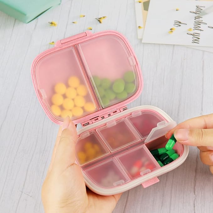 FirstDay Daily Pill Organizer Travel Pill Box 8 Compartments Portable Pill Case, Medicine Organizer Daily Pill Holder Container (Pink)