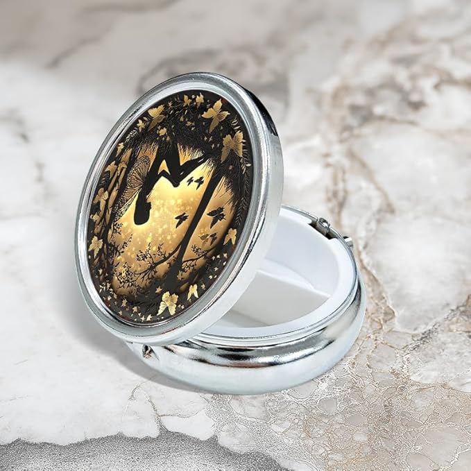 Portable Round 3 Compartment Metal Pill Box Enchanted Fairy & Butterflies Print Ideal for Office Coffee Shop Traveling