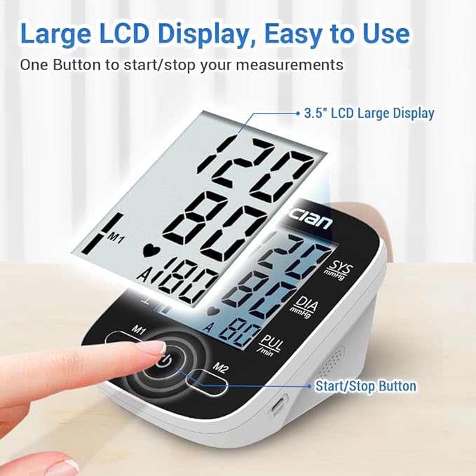 Scian Blood Pressure Monitor Upper Arm for Home Use, Automatic Blood Pressure Arm Cuff with Large Cuff 8.7"-16.5", Large LCD Display, 2 User 180 Memory, USB Cable (Black)