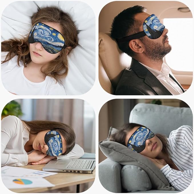 Starry Sky Sleep Eye Mask Eye Cover Van Gogh Night Sky Moon Tree Village Silk Eye Mask for Sleeping with Adjustable Strap for Travel Nap Shift Work Office
