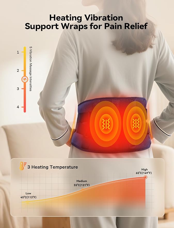Cordless Heating Pad with Massager for Back Pain Relief, 47-60" Lower Back Massager Wearable Heating Pad for Cramps with 3 Heat & Timer, 4 Vibration, 5000mAh, Birthday Valentine's Gift for Men Women