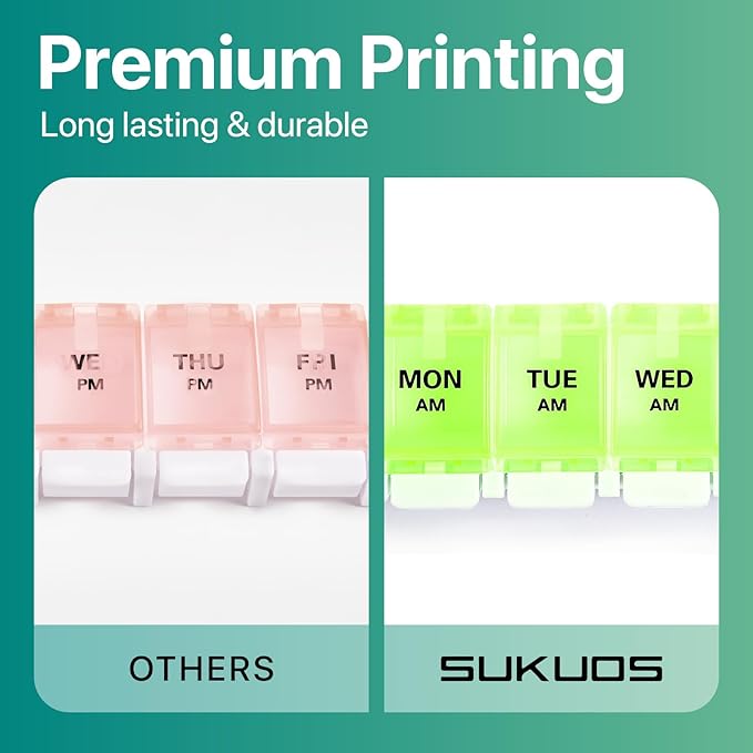 Sukuos AM PM Weekly Pill Organizer 7 Day, 2 Times A Day Medicine Pill Box with Easy Push Button, BPA Free Vitamin Cases for Fish Oil/Supplements, Easy to Clean (Yellow&Green)