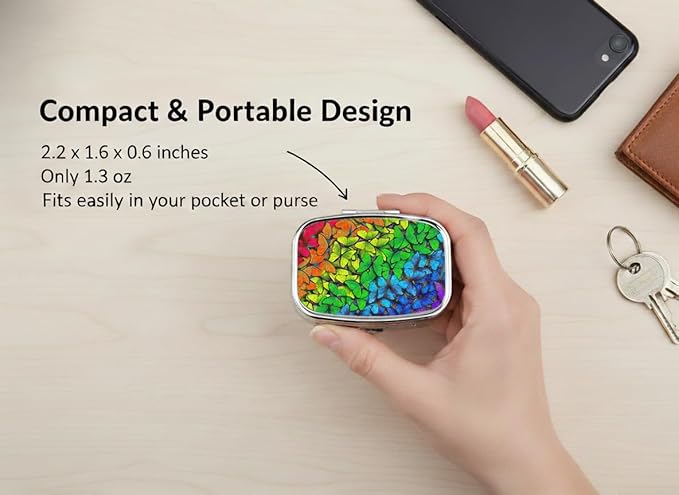 Butterfly Pill Box 2 Compartment Small Pill Case,Portable for Pocket or Purse Pill Organizer Pill Container Holder with Mirror to Hold Vitamins, Medication, Fish Oil and Supplements