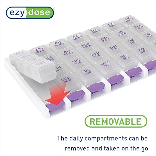 EZY DOSE Weekly (7-Day) Daily Pill Case, Medicine Planner, Vitamin Organizer Container, 4 Times a Day, Small Removable Compartments, Covenient and Easy to Use, Color May Vary, Clear Lids, BPA Free