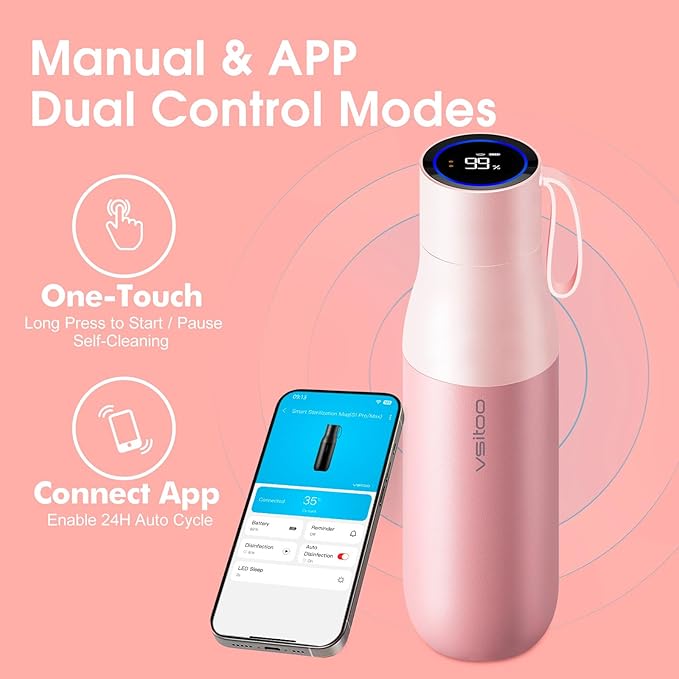 VSITOO 15oz Mini Smart Water Bottle，Self-Cleaning Insulated Bottle, Small Thermoses with AI, App & Touchscreen, Perfect Purse Water Bottle for Travel, Gym & Office, Pink