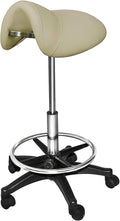 PureSana Chromium Professional James 360-Degree Full Rotational Saddle Cutting Stool with Adjustable Air Life Mechanism & Wheel Casters, Tan