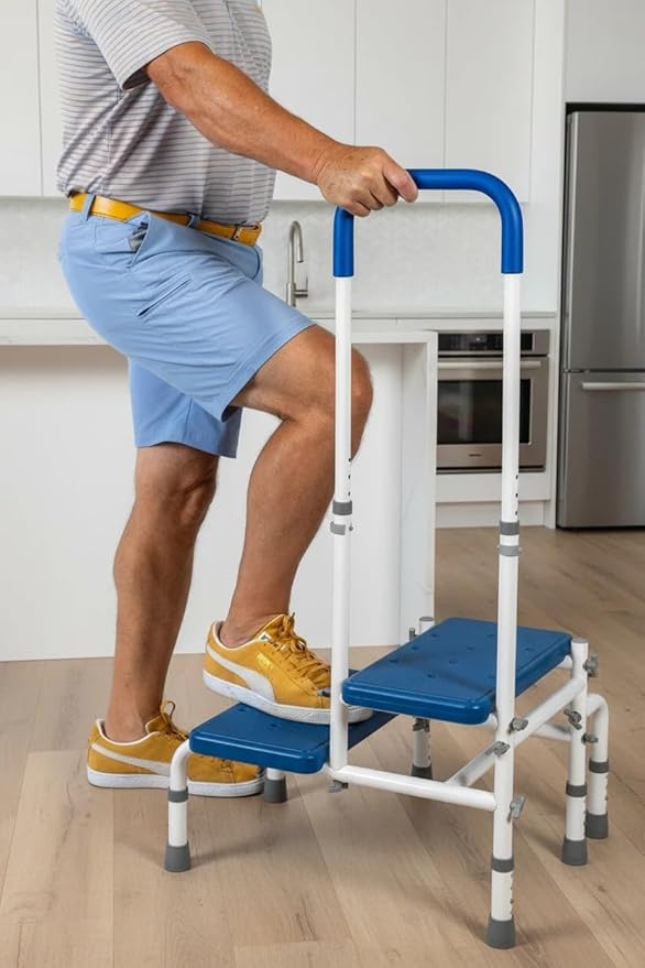 Platinum Health AdjustaStep Double-Step Step Stool with Side-Mounted Safety Handle. Adjustable Height. Padded Handle, Non-Slip Steps. Quick, Tool-Less Assembly.