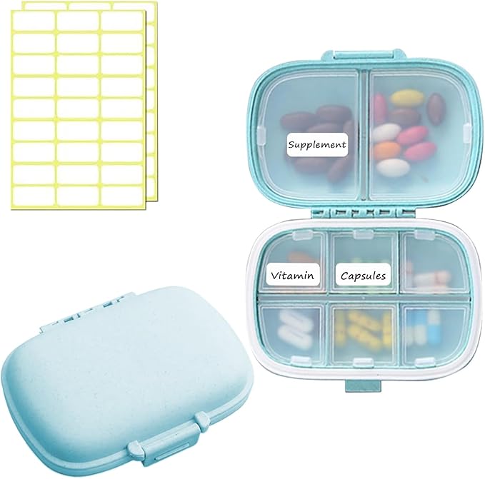 2PCS INVODA Pill Organizer Travel Pill Box 8 Compartments Moisture Proof Small Pill Case for Pocket Purse Daily Pill Container Portable Medicine Fish Oil Vitamin Holder