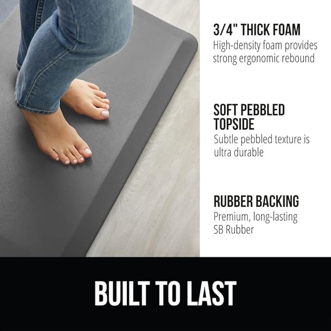 GORILLA GRIP Comfortable Cushioned Kitchen Mats for Floor, 58x20, Waterproof and Stain Resistant Soft Top, 3/4 Inch Thick Ergonomic Standing Desk Anti Fatigue Mat, Foam Supports Ankles and Feet, Grey