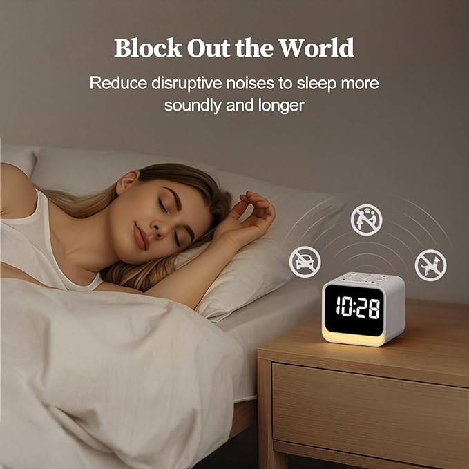 HOUSBAY Wooden Sound Machine Alarm Clock for Bedrooms - Gentle Wake-Up with Birdsong, White Noise for Sleeping, Small Digital Clock for Phone-Free Routine - Ash Wood