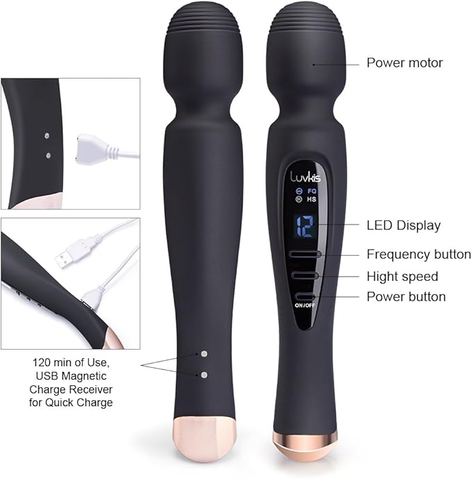 Cordless Wand Massager with 12 Speed Vibration Modes, USB magnetic Charger, Whisper Quiet, Waterproof, Handheld, Cordless for Neck Shoulder Back Body Massage, Sports Recovery & Muscle Aches - Black
