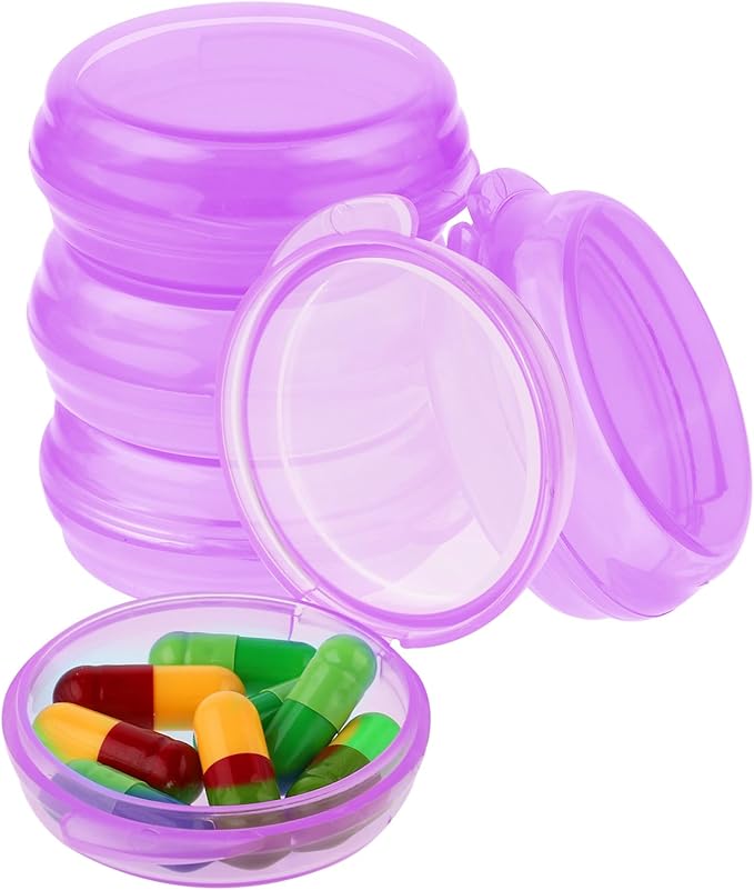 4 Pcs Mini Pill Organizer Small Pill Box Cute Portable Pill Case for Pocket Purse Travel Storage Containers Earplug Case Medicine Dispenser Vitamin Holder (4 Purple)