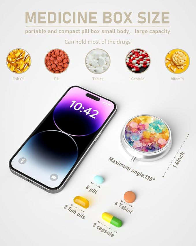 Pill Box, 3 Compartment Portable Travel Medicine Box with Mirror, Compact and Cute, Fits in Purse and Pocket, Medicine and Vitamin Organizer (Colorful Flowers)