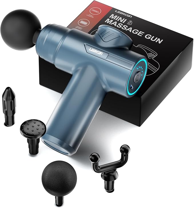 Small Massage Gun Handheld Deep Tissue Massager Gun for Pain Relief- 6 Speeds, 4 Heads, Ideal Gift for Men & Women (Blue)