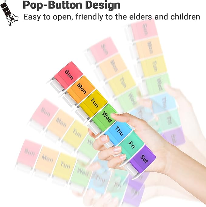 Weekly Pill Organizer 1 Time a Day - 7 Day Pill Box, Pill Holder with Easy Open Button, Daily Pill Cases Organizer, BPA Free Pill Container for Vitamin, Fish Oil (Multi-Color, 2-Pack)