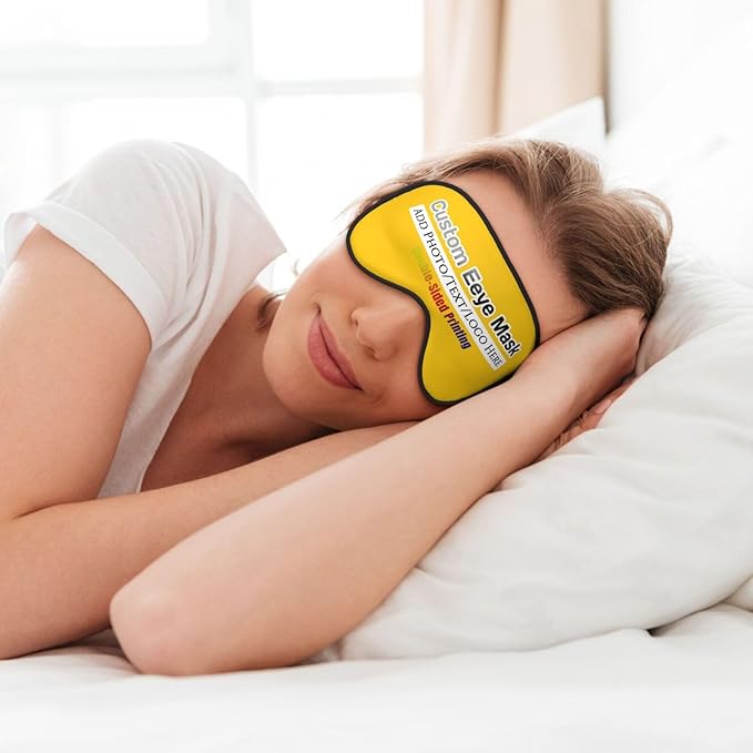 Custom Sleep Eye Mask Personalized Men Women Blindfold Design Your Own Photo Text Logo Adjustable Strap Soft Eyeshade Customized Blackout Eye Cover for Home Offices Travel Orange Yellow