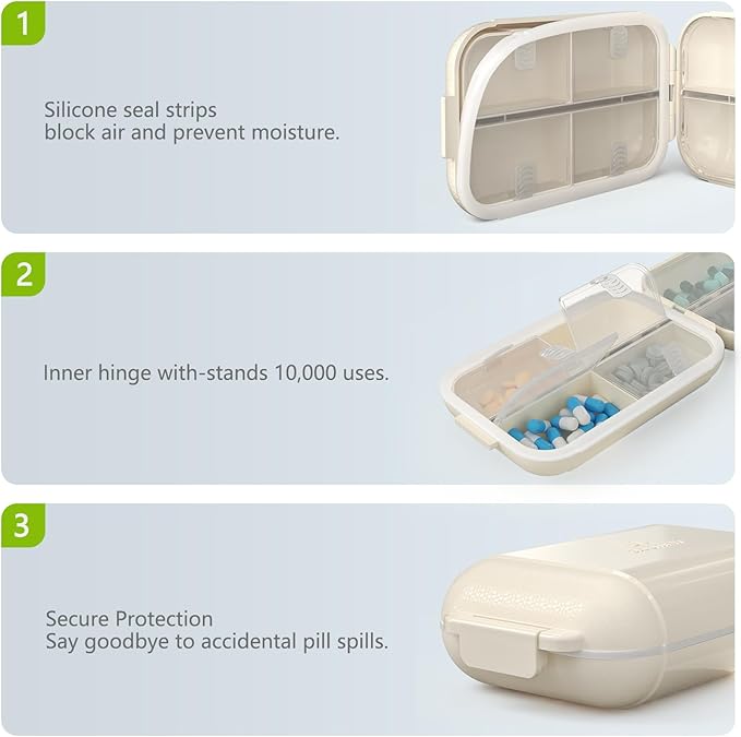 Portable Pill Organizer, Pill Box with 7 Compartments, Small Pill Case for Travel, Daily Medicine Pill Organizer with Air-Tight Lid