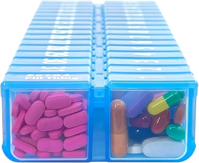 XL Monthly Pill Organizer, Once-a-Day 31-Day Medication Storage Box w/Removable Lid, Extra Compartment for Additional Pills, BPA-Free (XL Blue – 1 Count)