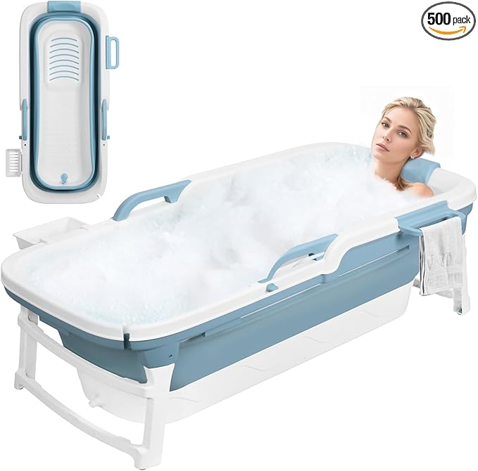51" Portable Bathtub for Adult,Foldable Tub with Handle,Ergonomic Headrest,Soaking Tub,No Lid,Large Collapsible Bathtub for Shower Ice Bath,Hot Bath,Home Sauna, Sweat Steaming (Blue, 130 cm)