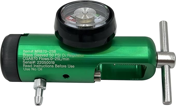15LPM Oxygen Regulator CGA-870, Adjustable Flow 0-15 LPM - ASTM G175-03 - Aluminum/Brass, Max Inlet: 3000 PSI, Outlet: 50 PSI - Compact 1.38 inches X 4.65 inches