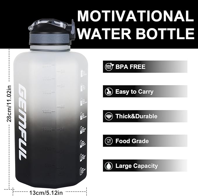 GEMFUL 74oz Motivational Water Bottle with Straw & Time Marker BPA Free Large Gym Jug for Workout Fitness Outdoor Sports Leakproof with Handle (White/Black)