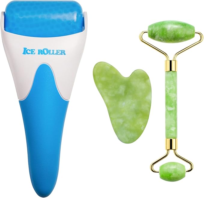 AECW 3-in-1 Natural Stone Jade Roller and Gua Sha Set for Face and Eye Ice Roller Facial Cooling Massage Roller