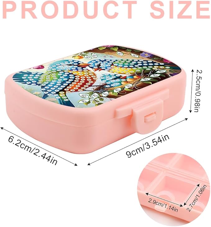 C'eitura 2pcs DIY Colorful Bird Diamond Art Painting Pink Pill Organizer with 6 Lid Detachable Compartments, Fun DIY Craft Project for Adults, Elegant Pill Case for Purse & Travel