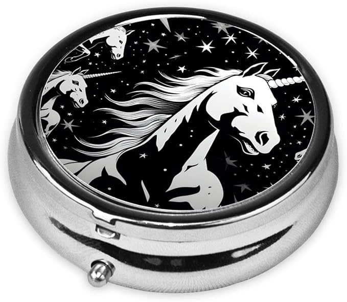 Impressionism Unicorn Horse Pill Box 3 Compartment Pill Case, Portable Medicine Pill Organizer for Pocket Purse Pill Box Decorative Metal Medicine Vitamin Organizer