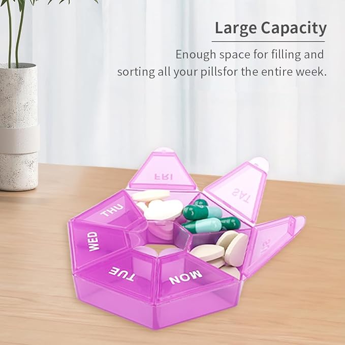Pill Organizer, 2 Pack Pill Box, Small Pill Case,Medicine Pill 1 Time a Day, Weekly Pills Container, Medicine Holder, Daily Box Travel Container 7 Day(Black &Purple)