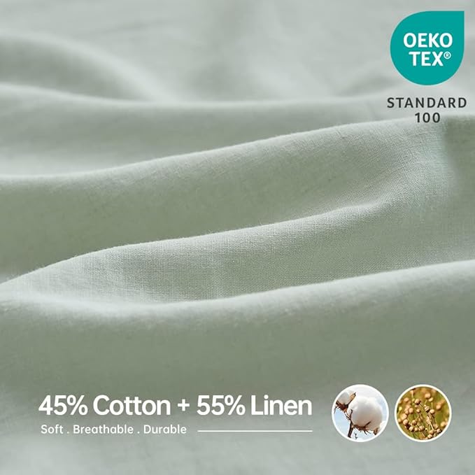 Simple&Opulence Belgian Linen Sheet Set Solid Color - 4 Pieces (1 Flat Sheet, 1 Fitted Sheet & 2 Pillowcases) Natural Flax Cotton Blend Soft Breathable Farmhouse Bedding - Full Size, Mint Green