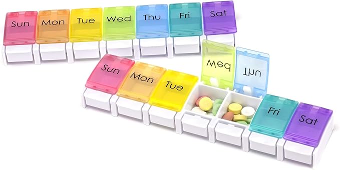 2 Pack Weekly Pill Organizer Vitamin Holder, DOSMAMZ 7 Day Travel Pill Box with Large Compartments, Push Button Design Medication Dispenser Case (Rainbow)