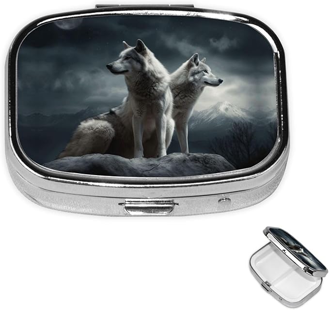 Square Pill Box 2 Compartment Medicine Pill Case Wolf at Night Pill Box for Purse Pocket Waterproof Metal Pill Container Portable Pill Holder Mini Pill Organizer for Travel or Daily