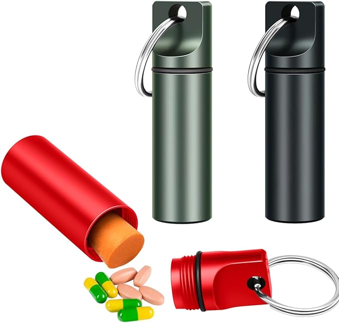 3 Packs Keychain Pill Holder, EFFIET Waterproof Small Pill Fob Travel Medicine Case for Purse, Mini Tablet Container Organizer Pocket for Men & Women (Matt-Black-Red)