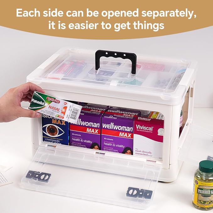 DOUKE 30qt Medicine Organizer Storage Box - Plastic First Aid Box Empty with Lid, Stackable Medical Container with Handle & Wheels, Sturdy BPA-Free Case with Tray for Medication & Supplies