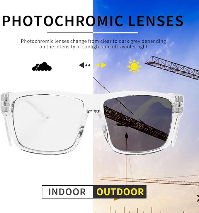 UV400 Photochromic Safety Glasses with Removable Side Shields, Blue Light Blocking