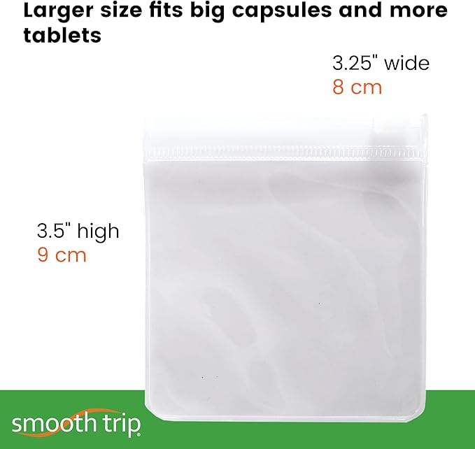 Smooth Trip Pill Bags for Travel - 24 Reusable Certified Food Grade Zip Top Pill Pouches for Medicine, Vitamins, Snacks and Accessories - Larger 3.25 x 3.5" Size
