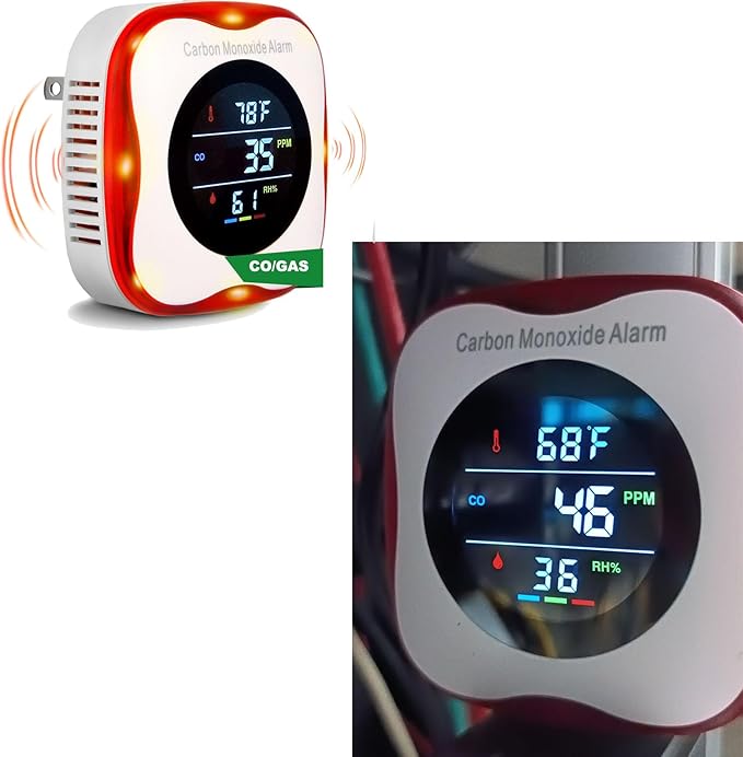 Plug-in Carbon Monoxide Detector with Real-time CO Display and Temperature and Humidity Monitor, Suitable for Home, RV, Apartment, Indoor air Safety Plug-in CO Compact Alarm