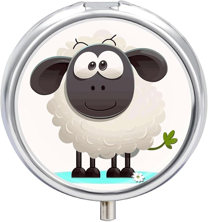 Sheep Pill Box Travel Pill Case for Purse Pocket Weekly Medicine Organizer with Mirror 3 Compartment Round Medicine Case Portable PillcaseHolder for Daily