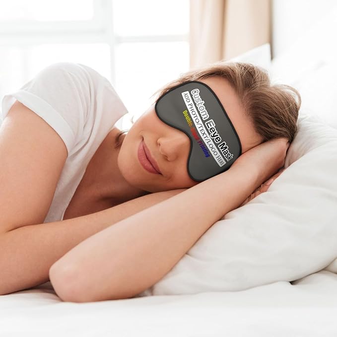 Custom Sleep Eye Mask Personalized Men Women Blindfold Design Your Own Photo Text Logo Adjustable Strap Soft Eyeshade Customized Blackout Eye Cover for Home Offices Travel Charcoal
